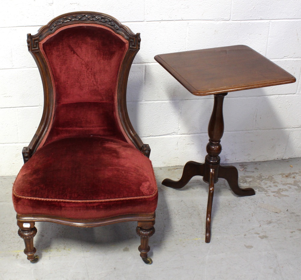 A Victorian mahogany rectangular snap-top occasional table on tripartite pedestal base, height 71cm,