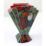 An Anita Harris Art Deco style red ground gilt heightened vase hand painted with flora and toucan,