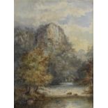 M F Thomas (19th century); watercolour, scenic river with rocks in the background,