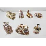 A group of Royal Crown Derby paperweights including Bengal tiger cub, Derby wren, sleeping kitten,