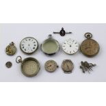 A quantity of pocket watch parts and movements, silver brooches etc.