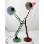 A retro red Anglepoise lamp and a green Anglepoise-style lamp (2).