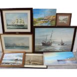 A quantity of maritime themed paintings and prints.