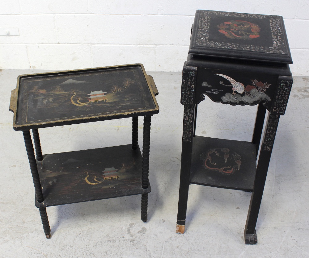 A Japanese lacquered and mother of pearl inlaid jardinière stand, height 81cm and an étagère (2).