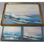 E STEVENS; oil on canvas, coastal scene, and a pair of seascapes, largest 70 x 100cm,