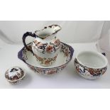 A Stoke pottery 'Melrose' pattern ironstone jug and bowl set gilt heightened in the Imari palette