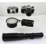 A collection of vintage camera equipment to include a Chinon CS 35mm camera body with Autoflex F 50