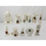 Ten crested ware buildings by Goss, Arcadian, Carlton, Shelley, Alexandra, Willow and Podmore,