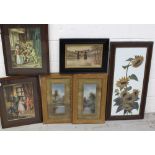 A large mixed lot of pictures and prints to include a pair of Victorian oils on opalescent glass,