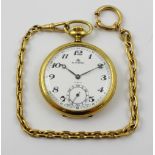 Bucherer; a gold-plated keyless-wind open face pocket watch with gold-plated chain, width 5cm.