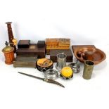 A group of wooden boxes, bowl and candlestick, an Oriental enamelled ashtray, pewter mug,