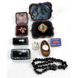 A small mixed lot with three Victorian snuff boxes including a papier mâché mother of pearl inlaid