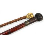 A 19th century malacca sword stick with pleated rope handle (af), engraved 'I * Tiffin Earham',