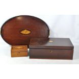 An Edwardian mahogany and inlaid twin handled tray, length 62cm,