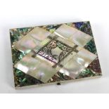 A Victorian mother of pearl card case with penwork decoration, width 8cm.