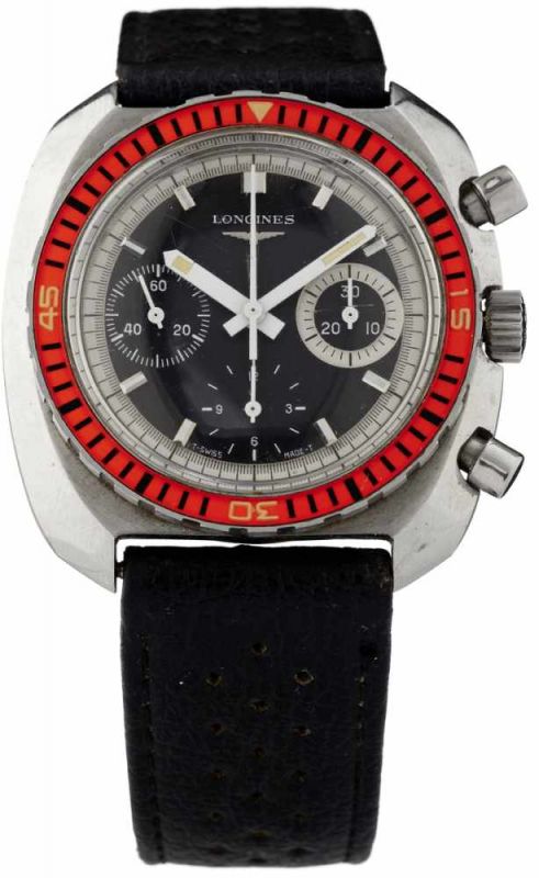 Chronograph "Longines"70-er Jahre. Stahlgehäuse. Boden verschraubt. Drehbare Lünette. Schwarzes,