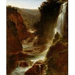 Schweizer Schule um 1800"Felsige Landschaft mit Wasserfall". Oel auf Papier auf Leinwand aufgezogen.