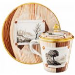 Deckeltasse "Faux Bois"Wohl Niderviller um 1780. Feinkeramik. Deckeltasse mit Untertasse. Trompe l'