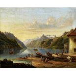 Bütler Anton1819 Auw - 1874 Luzern"Partie bei Brunnen am Vierwaldstättersee". Oel auf Leinwand.