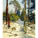 Brunnhofer Fritz1886 - 1966 Aarau"Verschneiter Waldweg im Sonnenlicht". Gouache und Aquarell auf