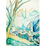 Porges Clara1879 Berlin - 1963 Samedan"Blick auf Soglio und die Scioragruppe". Aquarell auf