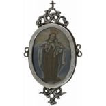 Anhänger "Madonna"18./19. Jh. Fassung aus Silber. Unter Glas beidseitig polychrome Malerei auf