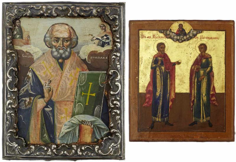 2 IkonenRussland 19. Jh. "Heiliger Nikolaus" und "Heilige Prokopis und Panteleimon".