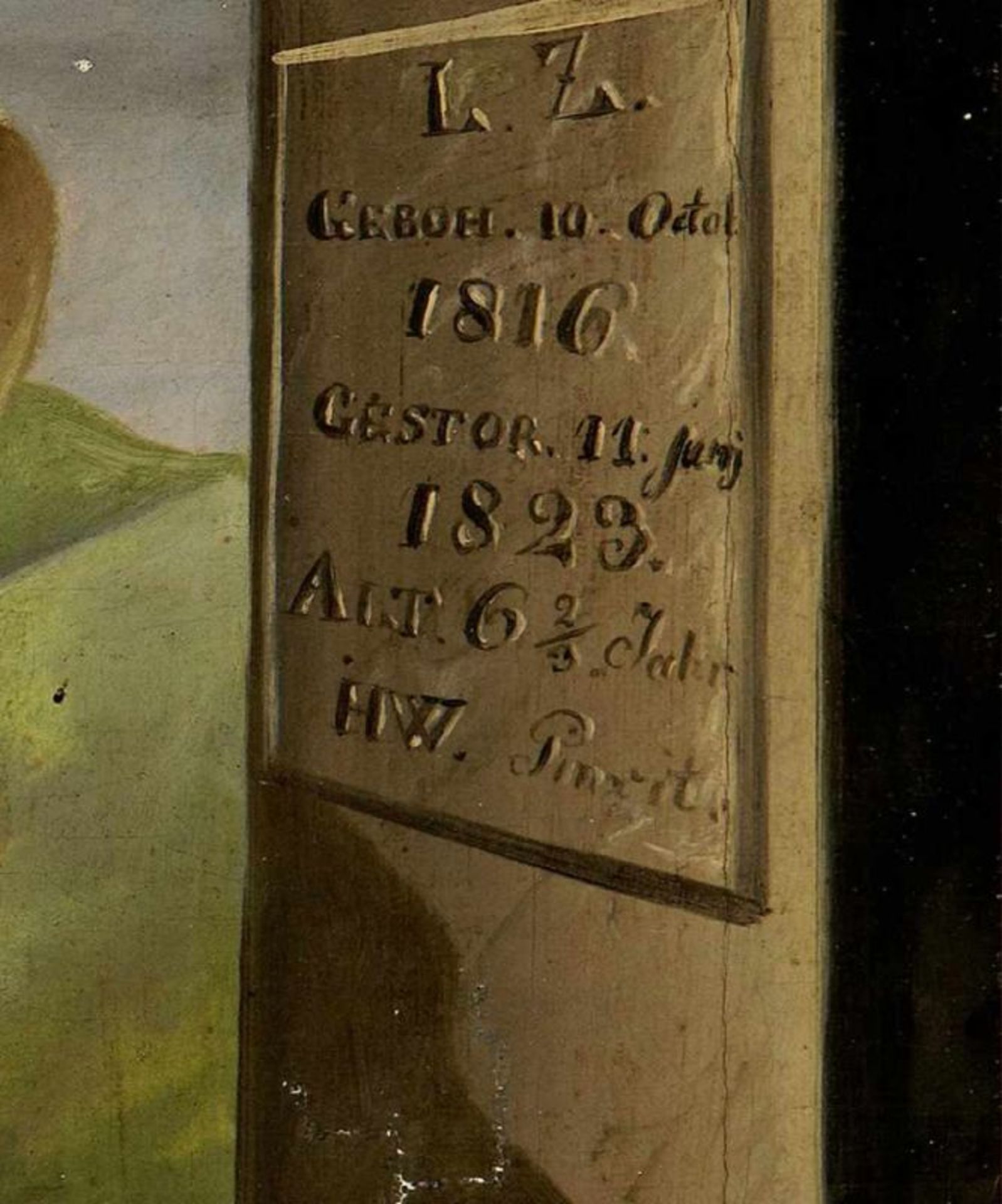Biedermeier-KinderportraitDatiert 1823. Oel auf Leinwand. Monogrammiert "H.W. pinxit". Doubliert. - Bild 2 aus 3