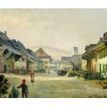 Pümpin Fritz1901 - 1972 Gelterkinden"Pratteln - Belebte Dorfstrasse". Oel auf Leinwand. Unten rechts