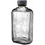 SchraubflascheUm 1800. Farbloses, in die Form geblasenes Glas. Im Stand Abrissnarbe. Gerutschter