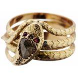 Diamant-Ring "Schlange"Rotgold 750, um 1890. 5 Diamant-Rosen und 2 kleine Rubine als Augen.