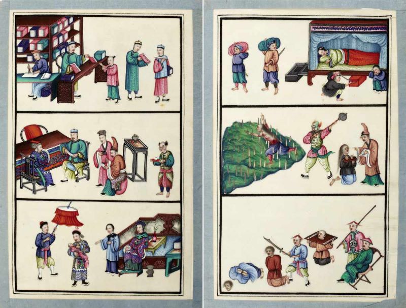 Album "Sien Woh Pao"China 19. Jh. Album mit je drei Gouache-Malereien auf zwölf Blättern aus