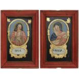 2 Hinterglasbilder19. Jh. "Jesus" und "Maria". Polychrome Malerei hinter Glas. Profilierte