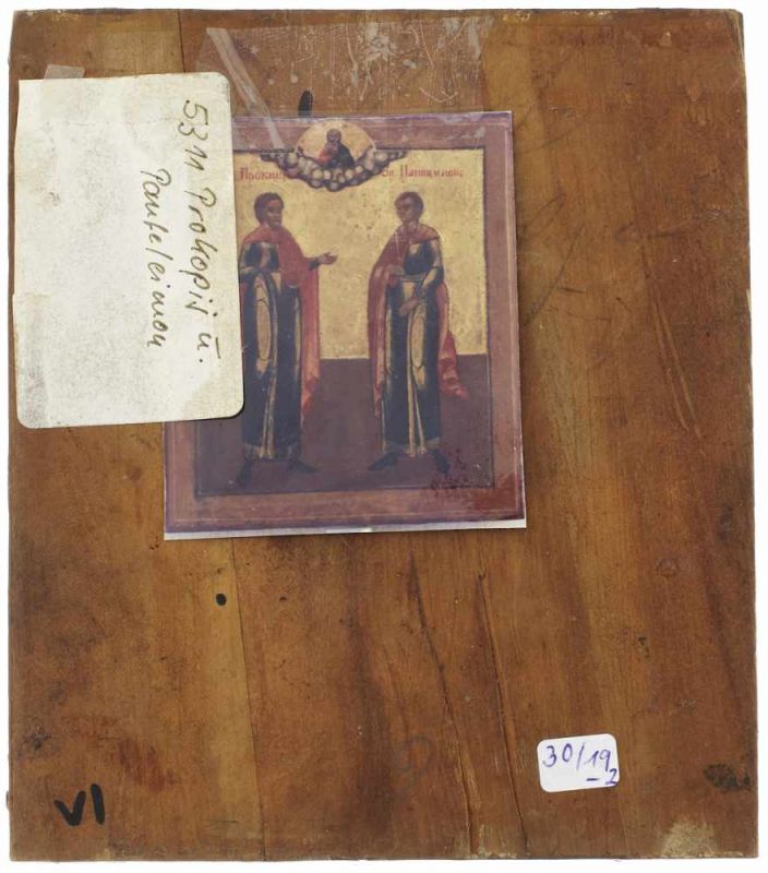 2 IkonenRussland 19. Jh. "Heiliger Nikolaus" und "Heilige Prokopis und Panteleimon". - Image 5 of 6