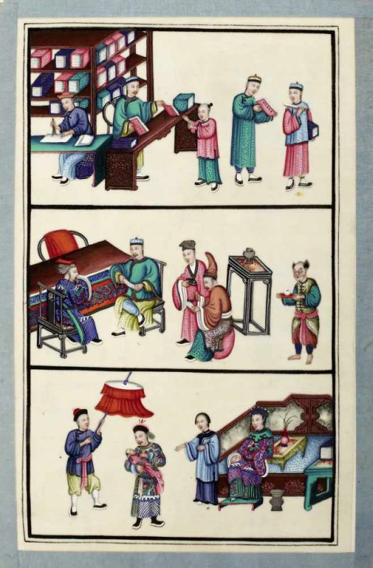 Album "Sien Woh Pao"China 19. Jh. Album mit je drei Gouache-Malereien auf zwölf Blättern aus - Image 4 of 12