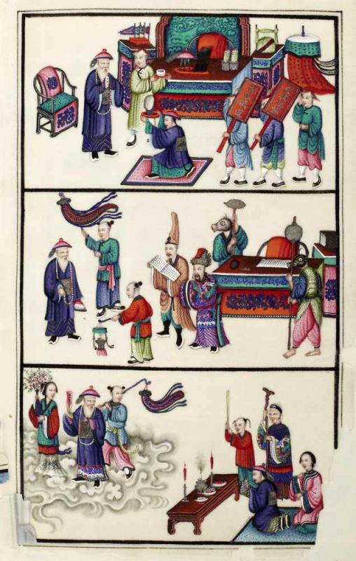 Album "Sien Woh Pao"China 19. Jh. Album mit je drei Gouache-Malereien auf zwölf Blättern aus - Image 2 of 12