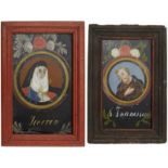 2 Hinterglasbilder19. Jh. "St. Theresia" und "St. Franziskus". Polychrome Malerei hinter Glas.