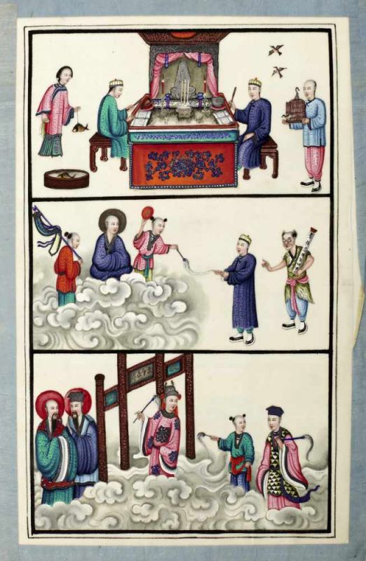 Album "Sien Woh Pao"China 19. Jh. Album mit je drei Gouache-Malereien auf zwölf Blättern aus - Image 3 of 12