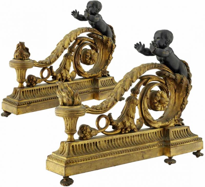Paar Kaminböcke "Putten"19. Jh. Stil Louis XVI. Bronze ziseliert und vergoldet, die Puttenfiguren