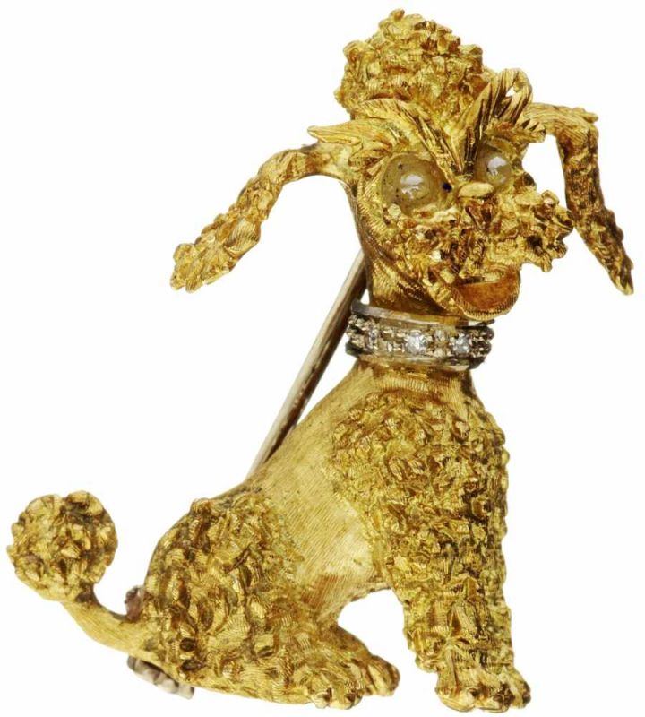 Gold-Brosche "Pudel"Gelbgold 750. 3 8/8-Diamanten auf rhodiniertem Halsband. Länge 2.8 cm. 9.5 g.