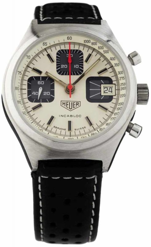 Chronograph "Heuer"70-er Jahre. Stahlgehäuse. Boden verschraubt. Versilbertes, signiertes