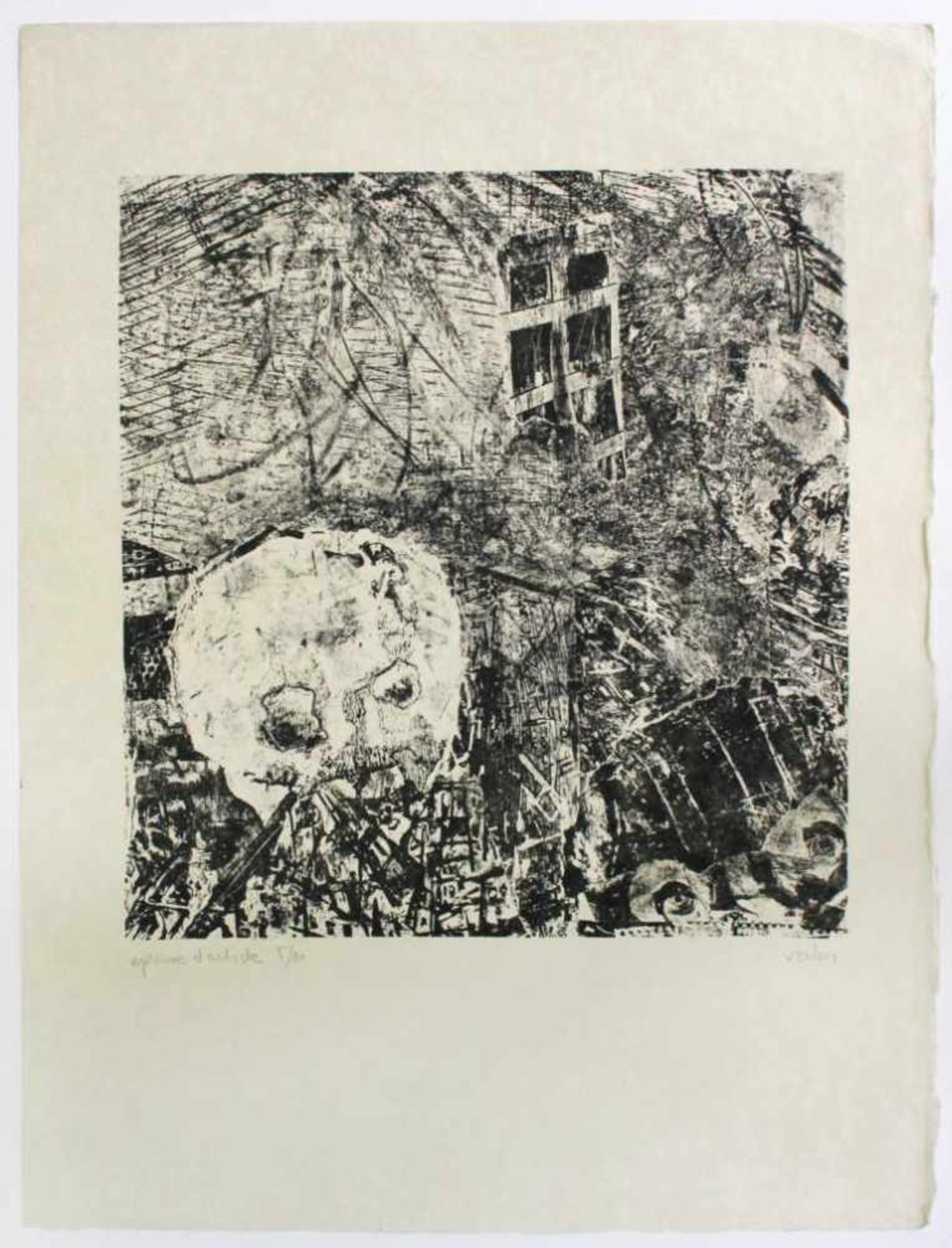 Verlon André (1917-1994) Ohne Titel (Totenkopfstadt) Lithographie auf Blütenpapier handsigniert,
