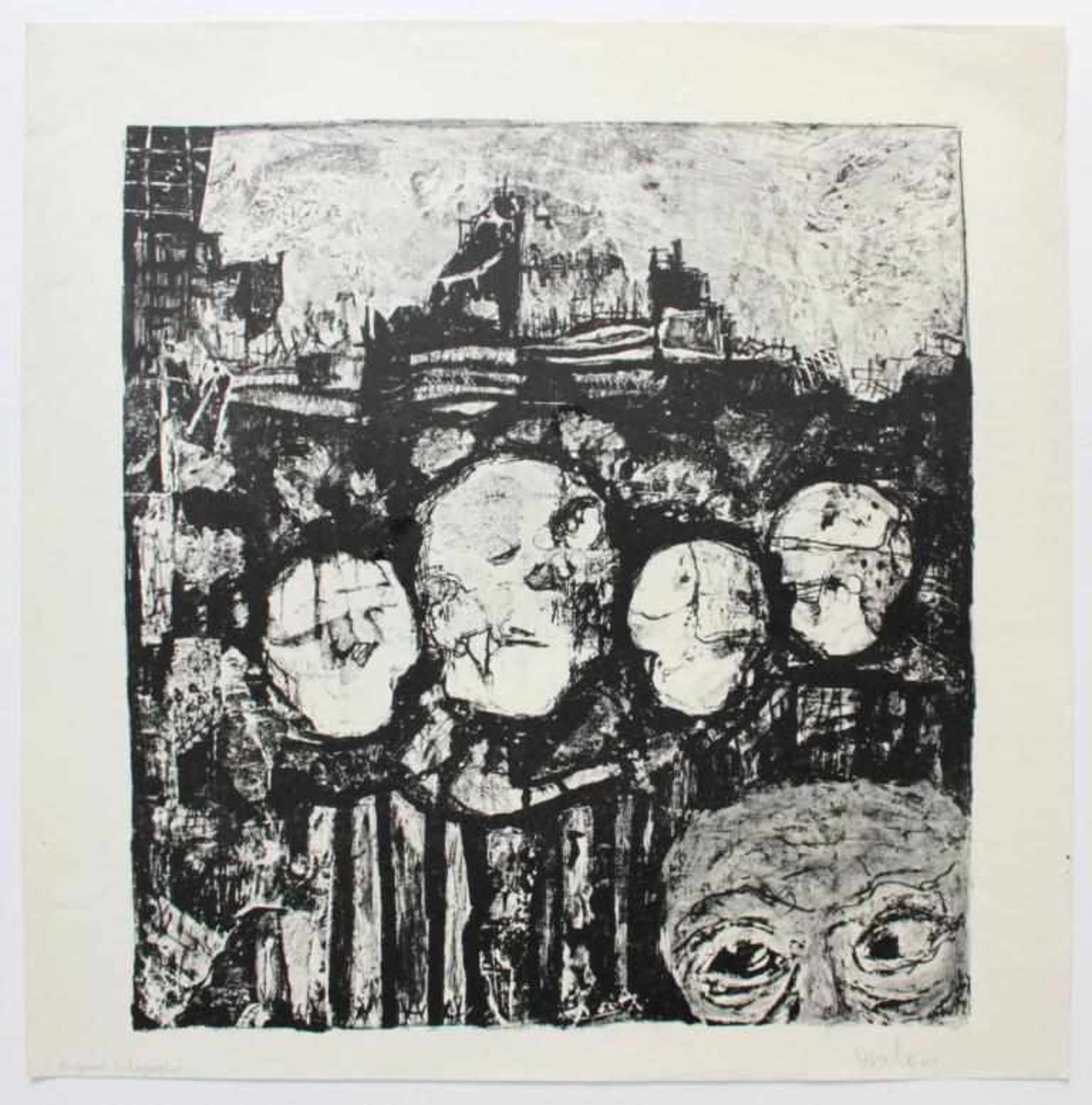 Verlon André (1917-1994) Ohne Titel (Gesichsterstadt) Lithographie handsigniert 51 x 50 cm