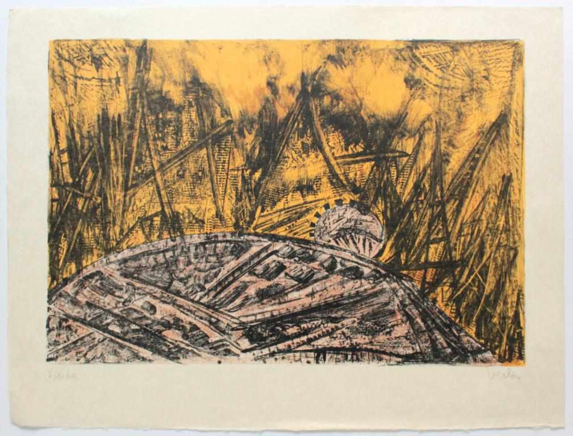 Verlon André (1917-1994) Ohne Titel (orange) Lithographie auf Blütenpapier handsigniert,