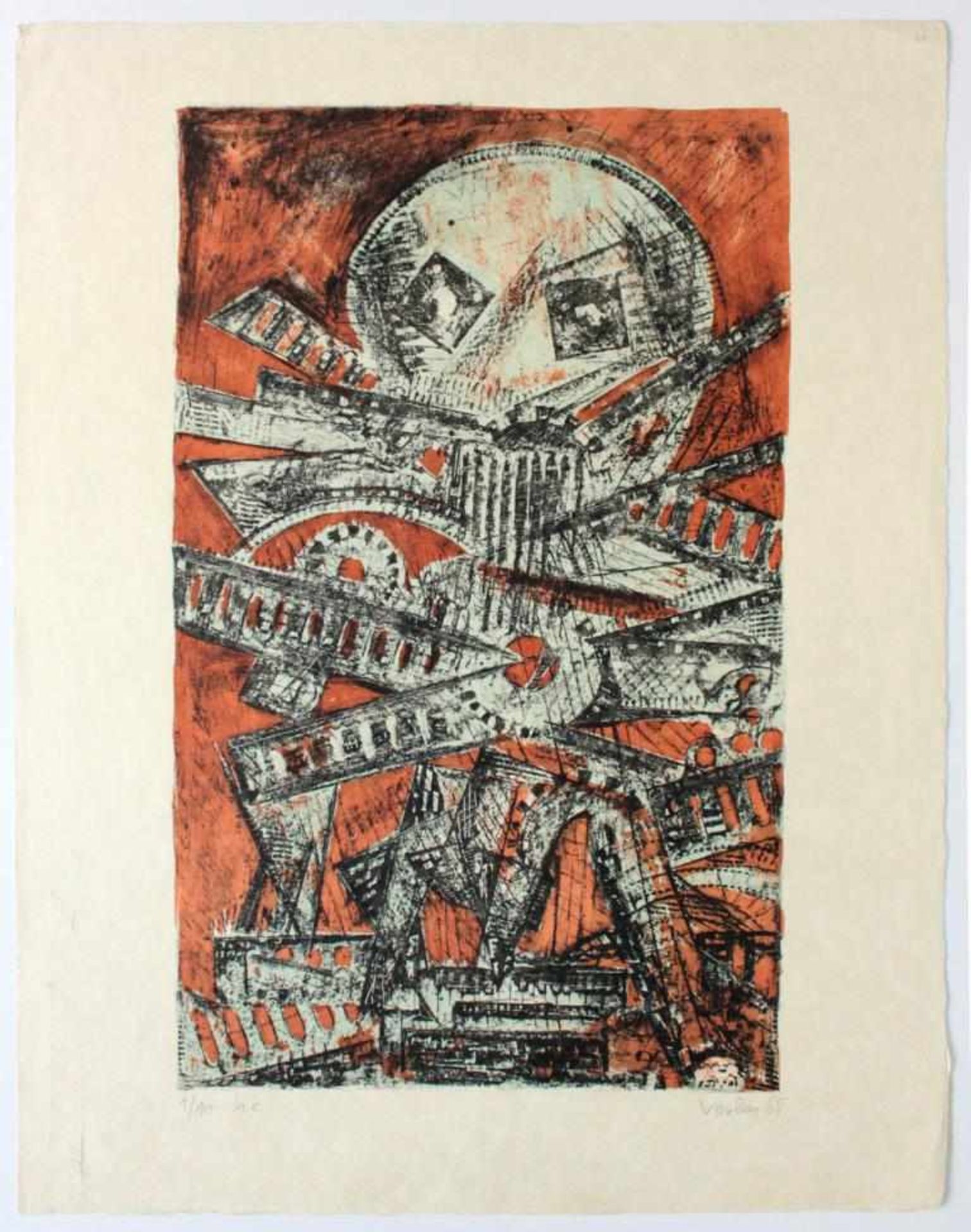 Verlon André (1917-1994) Perspektum (rot) 1965 Lithographie auf Blütenpapier handsigniert,