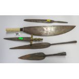 3 African spearheads, 2 knives, one with ivory handle