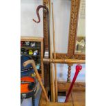 4 snooker cues, 2 glass walking sticks