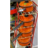 Retro orange enamel pan set and stand