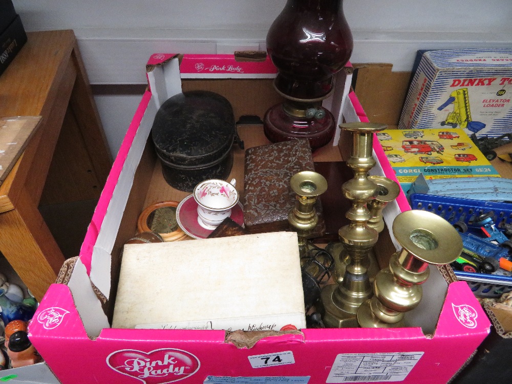 Misc. box containing early rolls Royce inspection lamp, wig box and drawing equipment