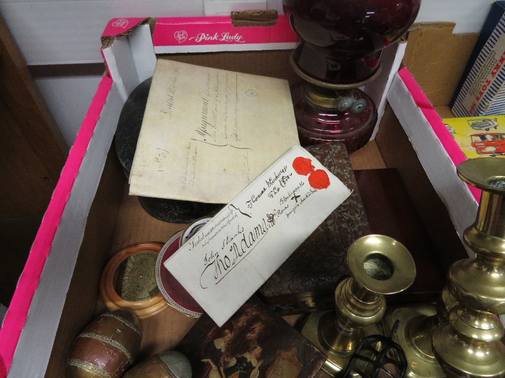 Misc. box containing early rolls Royce inspection lamp, wig box and drawing equipment - Image 2 of 5